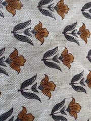 Small Flower Block Print Handloom Linen Fabric ,upholstery Fabric, pillow Cover Fabric, Thick fabric natural linen, Grey - Mustered - Rohiyaan